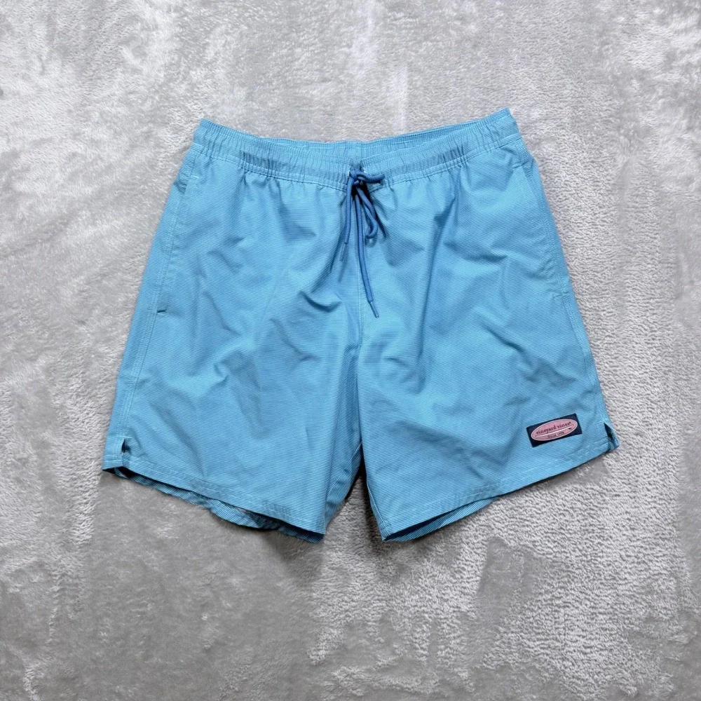 Vineyard Vines Swim Trunks Mens M Blue Micro Stripe Elastic Waist Board Shorts